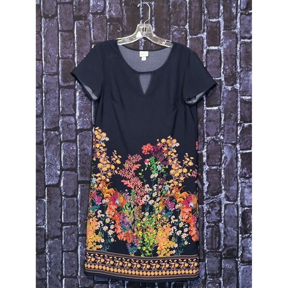 Merona Navy Blue Floral Border Shift Dress Size XS Short Sleeve Keyhole Cut Out - Picture 3 of 6